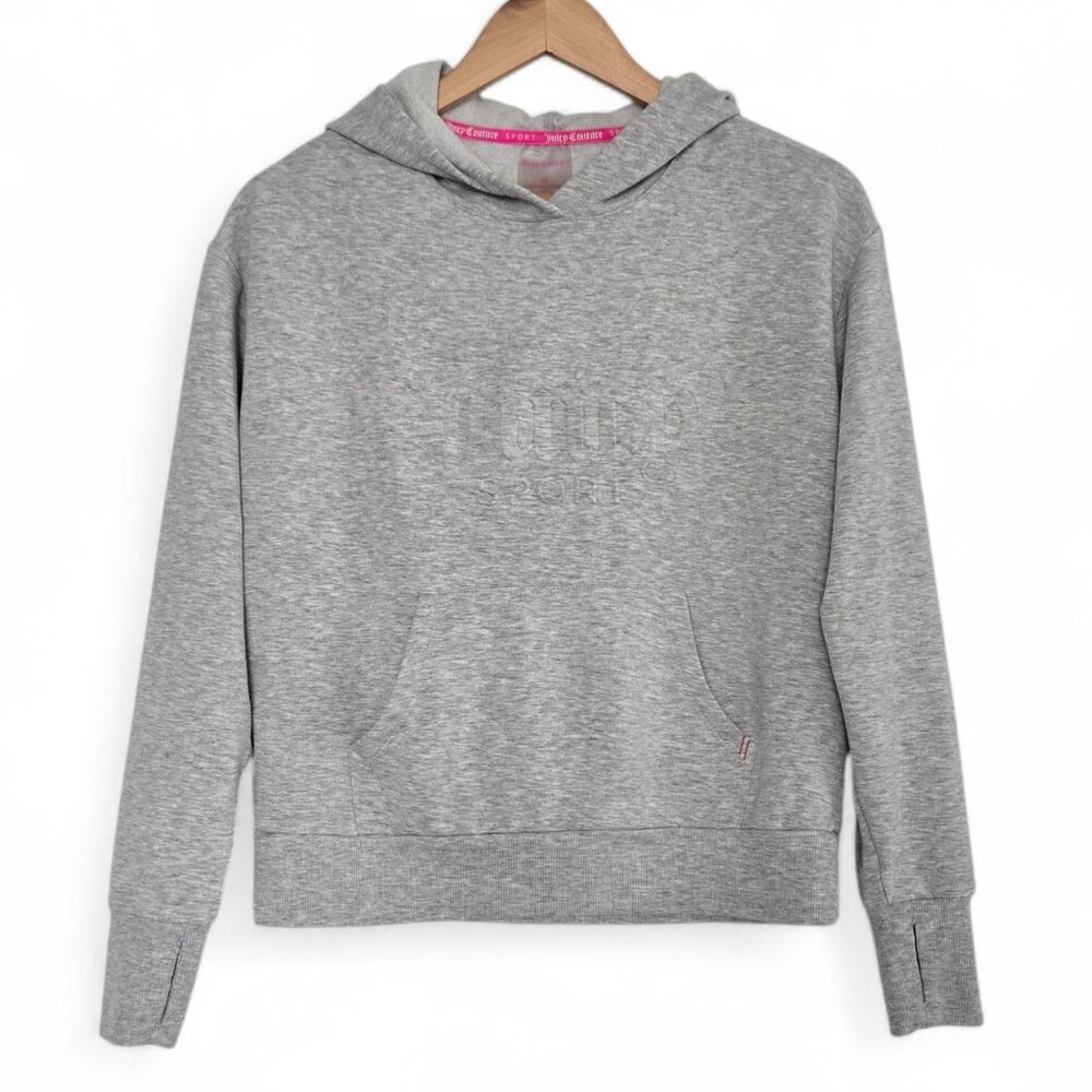 Juicy Couture Sport Hoodie Sweater Women's Puffy Chest Logo Heather Grey XS